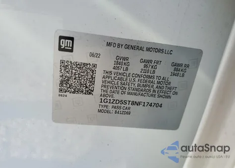 2022 Chevrolet Malibu Lt из США, поврежденный, VIN 1G1ZD5ST8NF174704